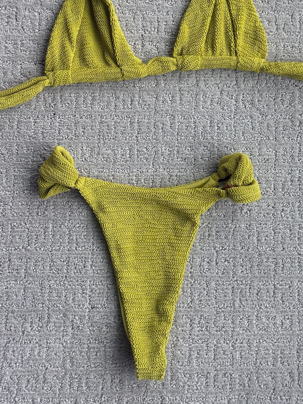 Textured Yellow-Green Tie-Side Bikini Set
